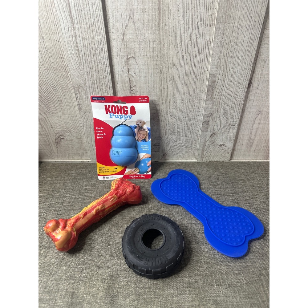 KONG Puppy Large Blue Treat Toy Tire Bone and Lick Mat Dog Toy Mixed Bundle 4pc